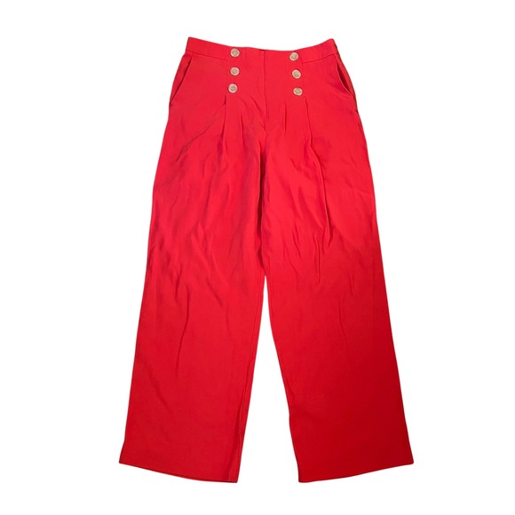 Ann Taylor Red Wide Leg Sailor Pants sz 10 Petite Button Front High Waist Office - Picture 2 of 10
